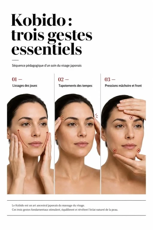 Soin du visage japonais Kobido illustré en trois étapes sur un visage adulte