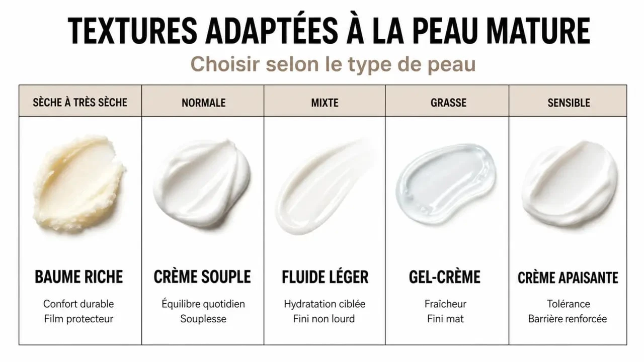 Soin visage peau mature : comparaison des textures selon le type de peau