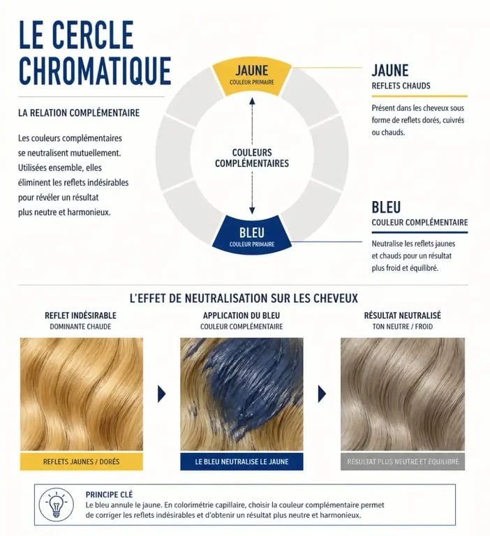 Schéma du cercle chromatique expliquant l'action du soin bleu sur les cheveux blonds