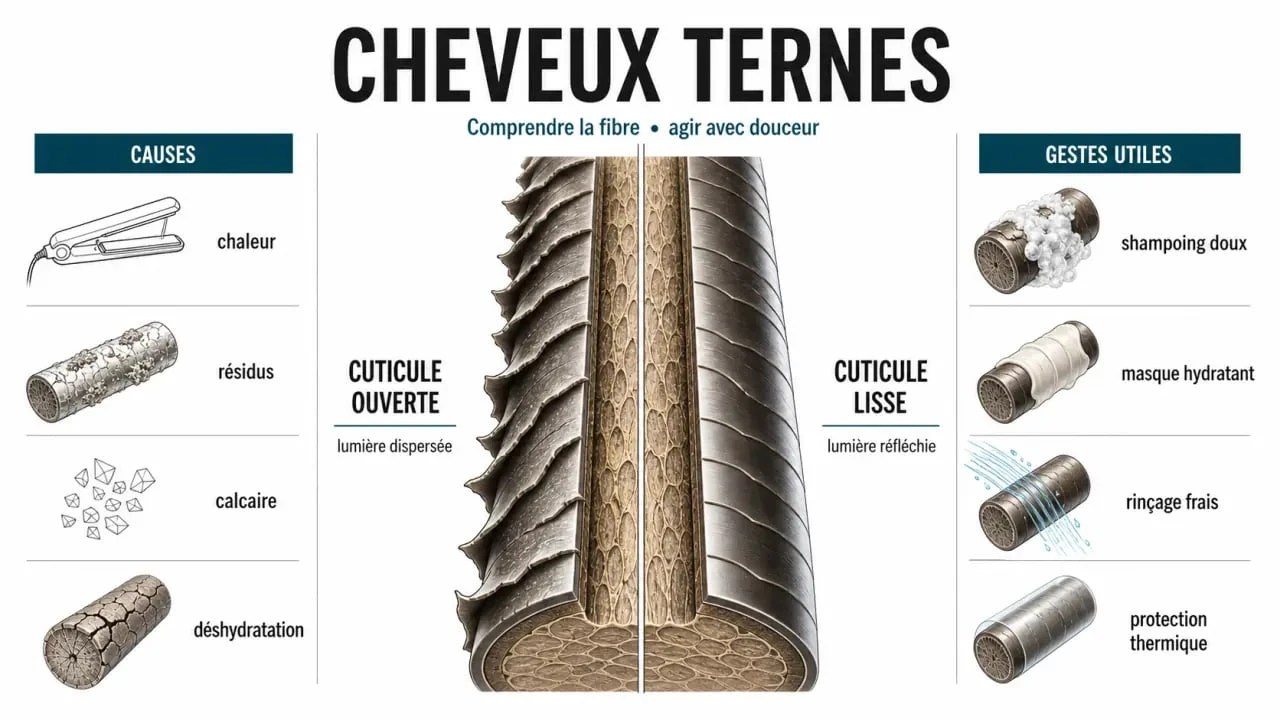 Soin cheveux ternes : illustration des causes et des gestes qui redonnent de la brillance