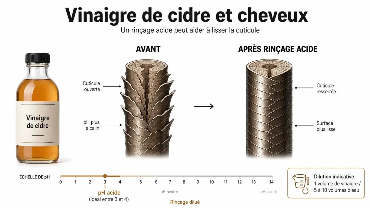 Vinaigre de cidre et cheveux : schéma de l’effet sur la cuticule, la brillance et la dilution