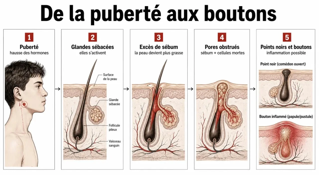 Soin visage ado : schéma de la puberté au sébum et aux boutons