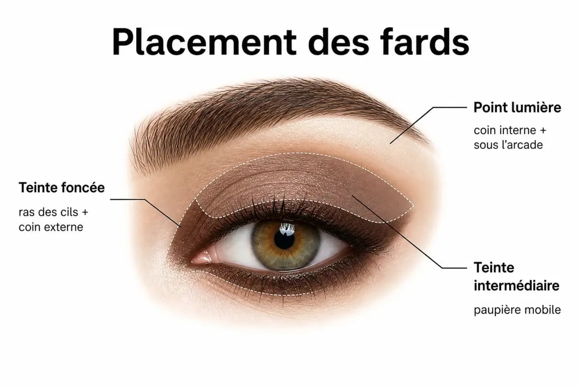 Yeux marron vert quel maquillage : placement du fard et du point lumière sur un œil marron-vert