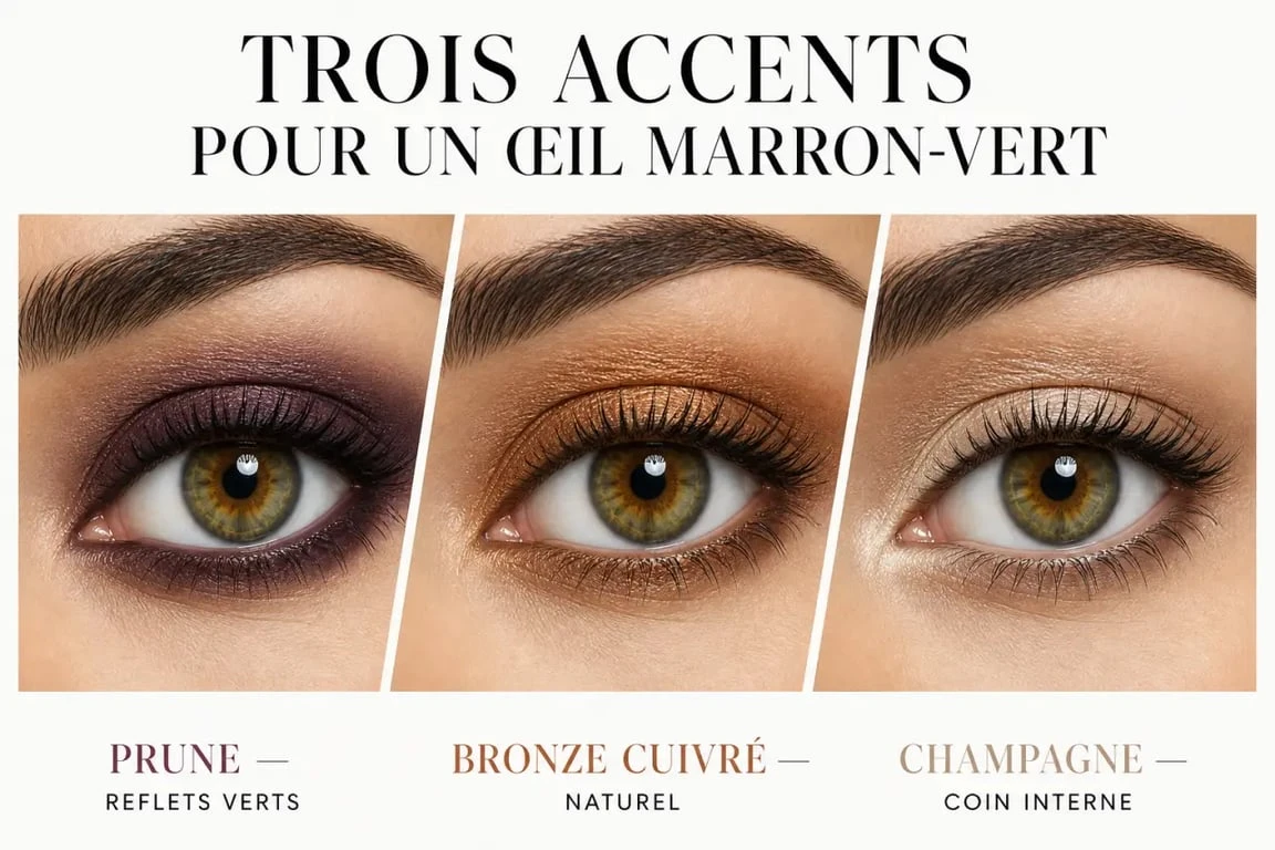 Yeux marron vert quel maquillage : trois looks prune, bronze et champagne sur un même œil marron-vert