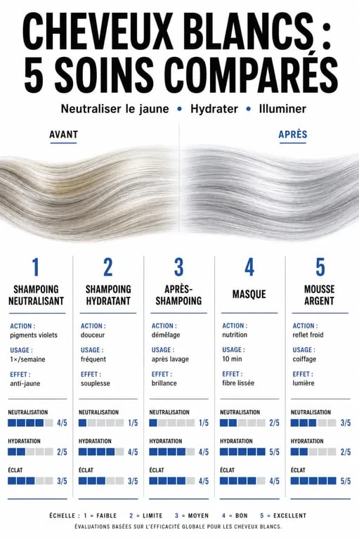 Soin cheveux blancs : comparaison visuelle des soins neutralisants, hydratants et réparateurs pour des cheveux blancs plus lumineux