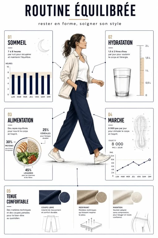 Comment rester en forme tout en sublimant son style quotidien : illustration éditoriale des piliers sommeil, hydratation, mouvement et tenue confortable