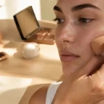 Maquillage leger naturel : beauty blender sur joue, teint frais