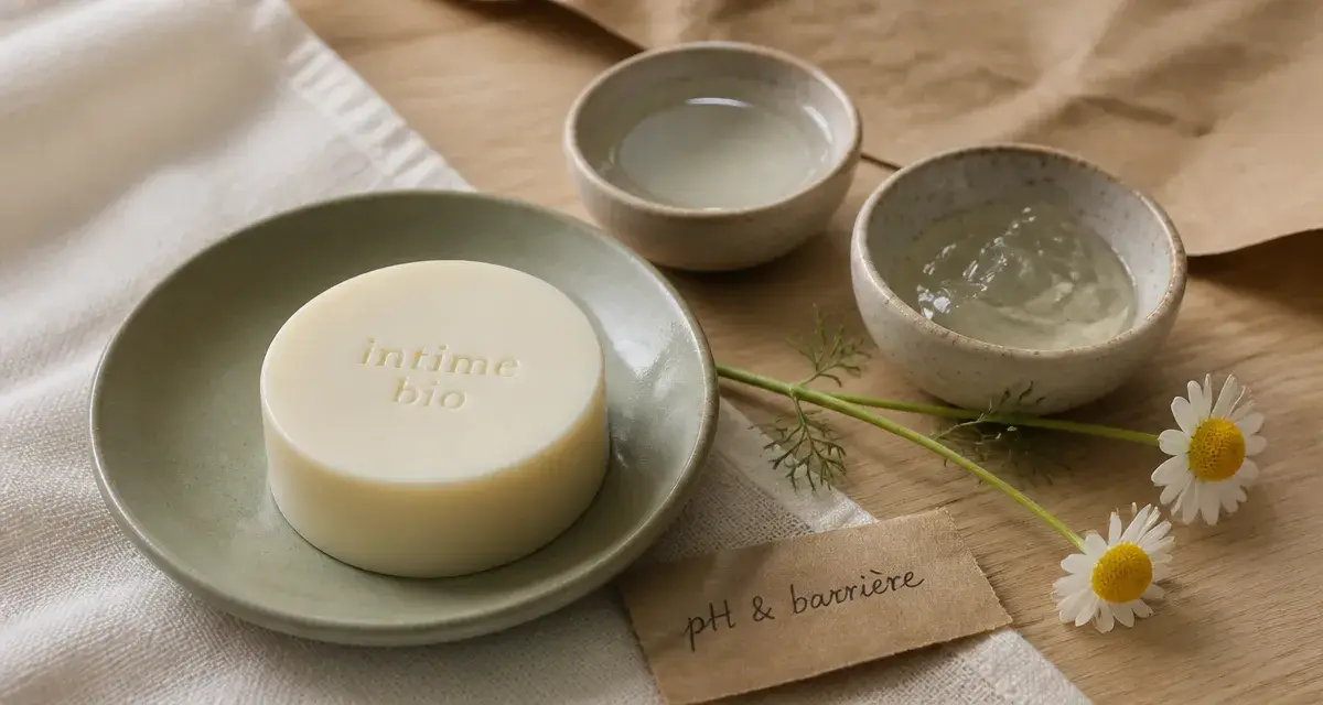Savon intime bio sur serviette, pH & barrière, camomille et eau florale
