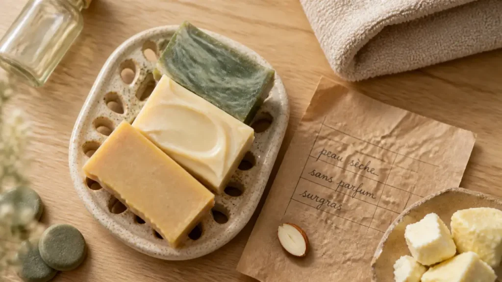 Savon solide bio pour le corps : surgras, peau sensible, huiles essentielles à vérifier