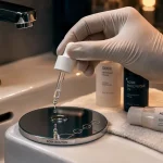Soin bouton visage : sérum sur miroir, acide salicylique