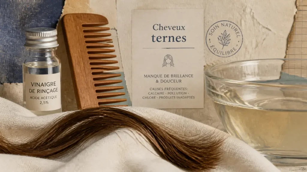 Cheveux ternes : la cuticule, le rinçage acide et les gestes qui ravivent l’éclat