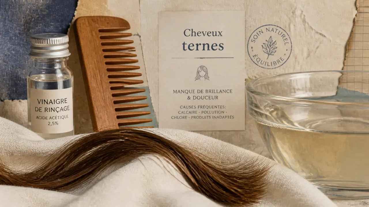 Soin cheveux ternes : cuticule et rinçage acide sur mèche brune