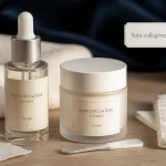 Soin collagène visage : sérum et flacon d’acide hyaluronique