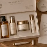 Coffret soin du visage femme : produits de routine visage sur table