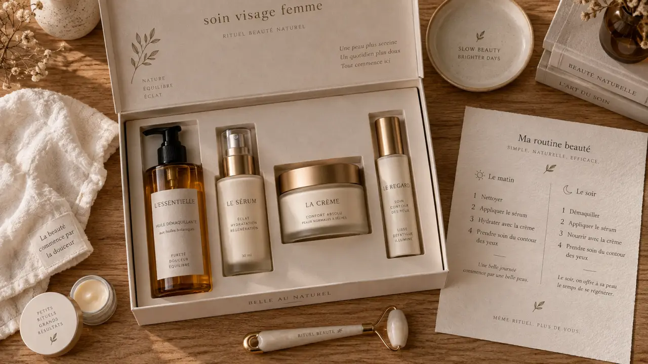 Coffret soin du visage femme : produits de routine visage sur table