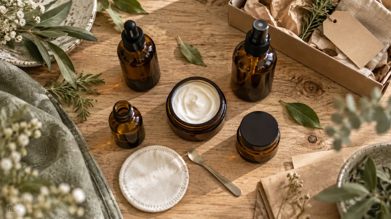 Coffret soin visage naturel sur table en bois, crème et soins pour le visage