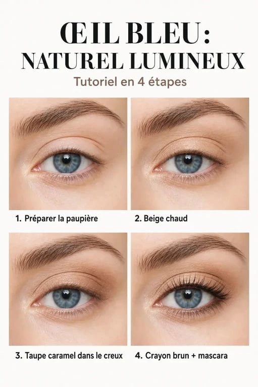 Maquillage naturel yeux bleus en étapes sur un œil maquillé avec beige chaud, taupe, crayon brun et mascara