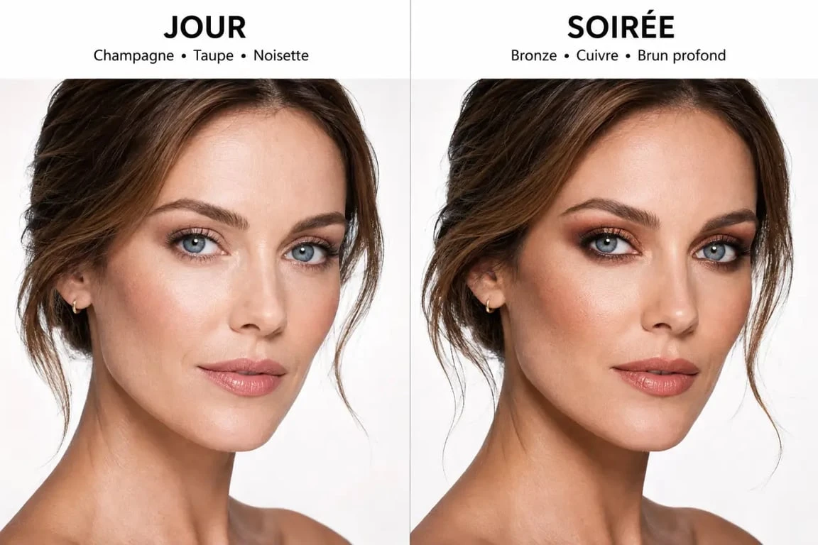 Maquillage naturel yeux bleus en version jour et soirée avec tons chauds et rendu lumineux