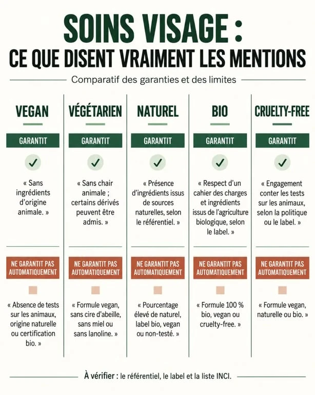 Infographie comparative sur les critères d’un soin visage vegan, naturel, bio et cruelty-free