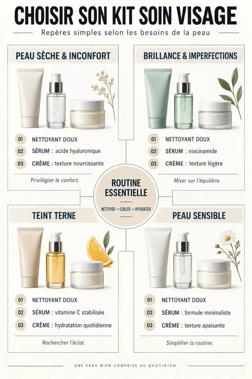 Kit soin visage selon le type de peau et le besoin prioritaire