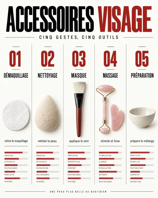 Accessoire soin visage : comparaison des outils pour démaquiller, nettoyer, appliquer un masque et masser