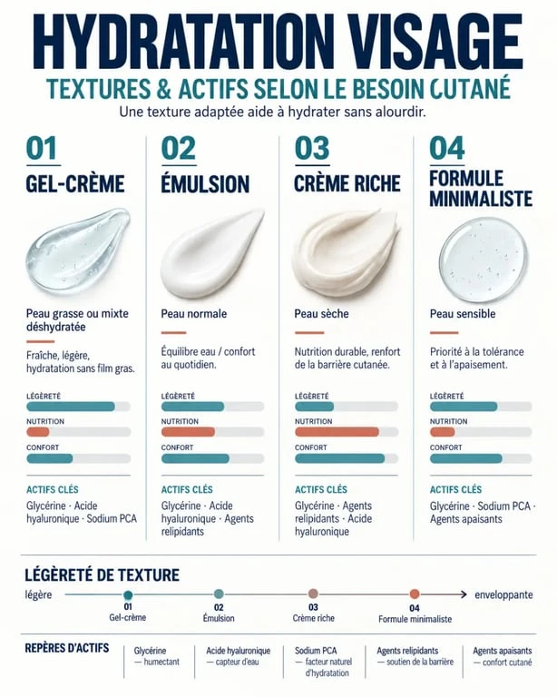 Soin hydratant visage : textures et actifs selon le type de peau