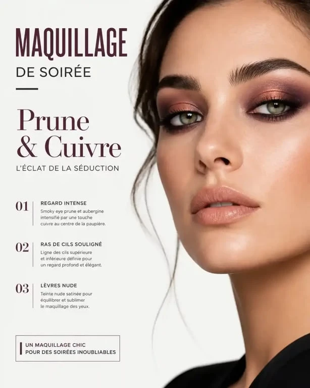 Maquillage naturel yeux vert en version soirée avec prune et cuivre