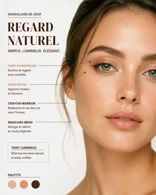 Maquillage naturel yeux vert de jour avec fards champagne et trait marron discret