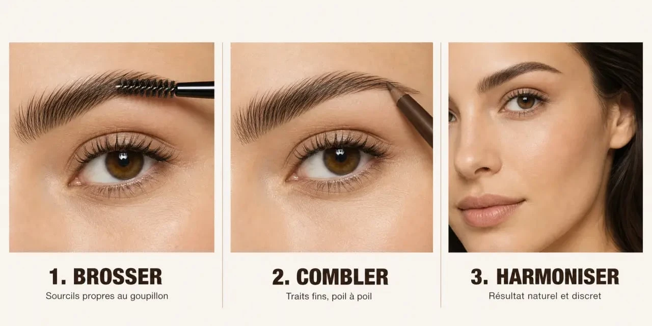 Maquillage sourcils naturel en trois étapes avec résultat final discret
