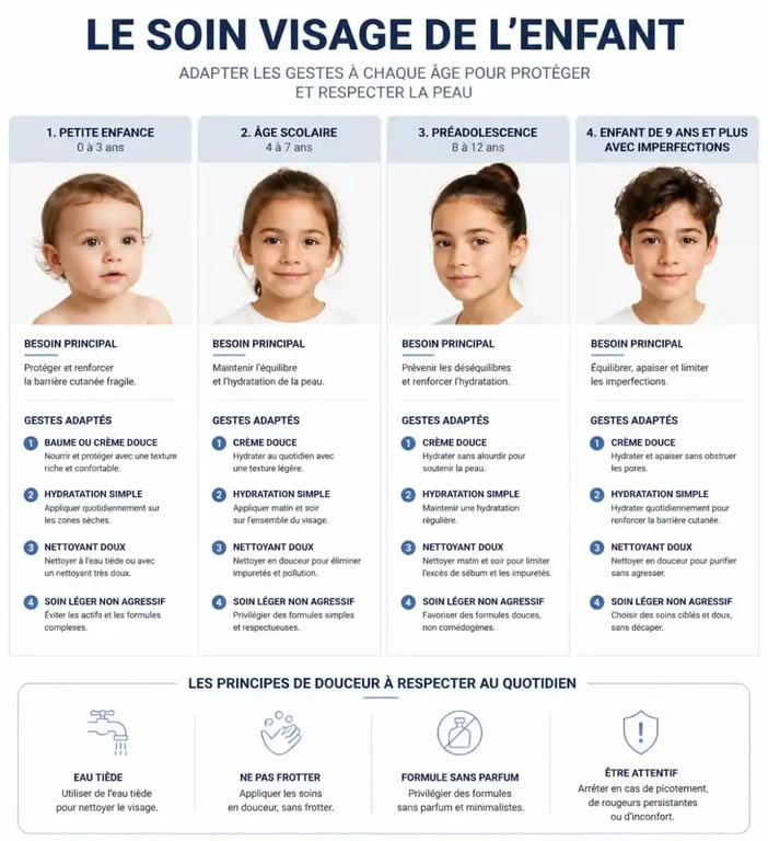 Infographie du soin visage enfant selon l’âge et les besoins de la peau