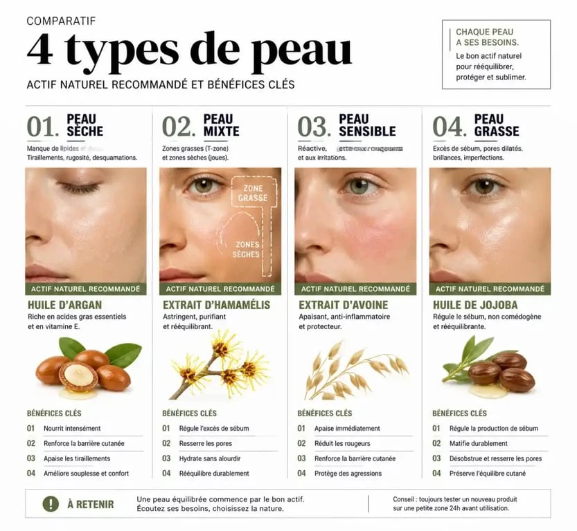Guide visuel cosmétiques naturels selon le type de peau
