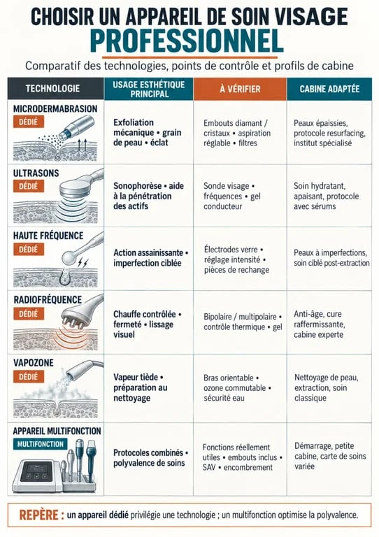 Infographie comparative des technologies d'un appareil soin visage professionnel