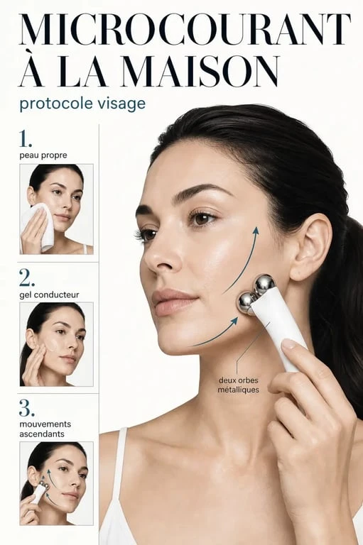 Soin du visage à microcourant à la maison : démonstration des gestes sur l’ovale du visage