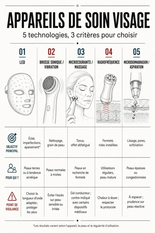 Appareil soin visage : infographie comparative des technologies LED, microcourants, radiofréquence et nettoyage