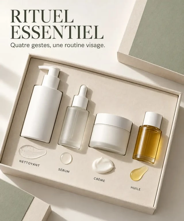 Coffret soin visage naturel avec nettoyant, sérum, crème et huile