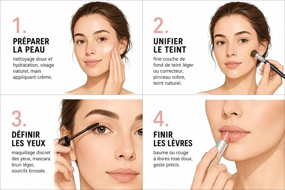 Maquillage naturel tuto en 4 étapes illustrées : peau, teint, yeux et lèvres