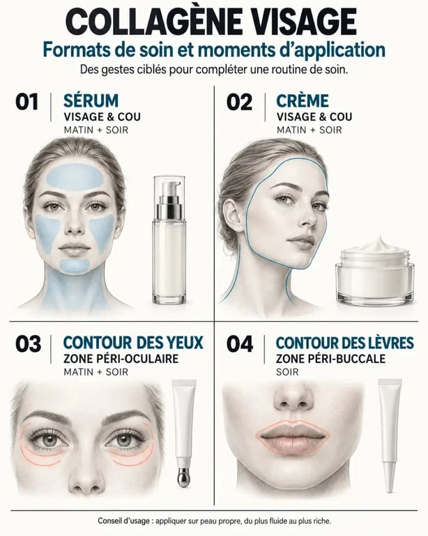 Formats de soin au collagène visage : sérum, crème et soins ciblés