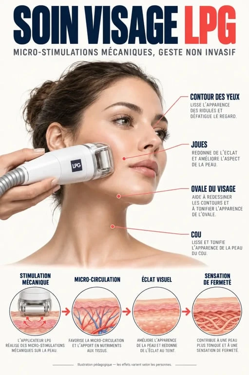 Soin visage LPG et schéma de ses micro-stimulations mécaniques sur les zones du visage