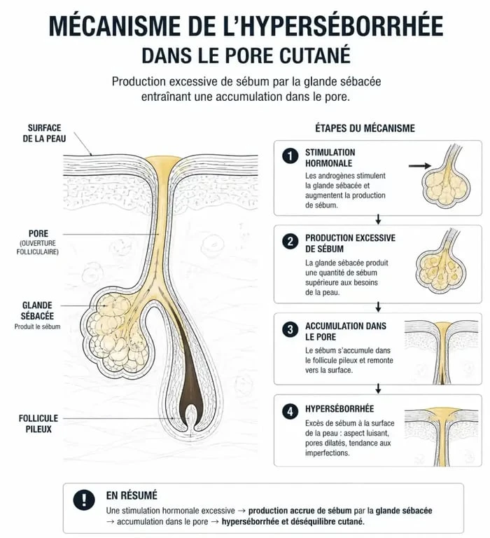 Schéma mécanisme hyperséborrhée peau grasse