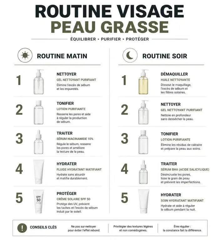 Infographie routine soin visage peau grasse matin et soir
