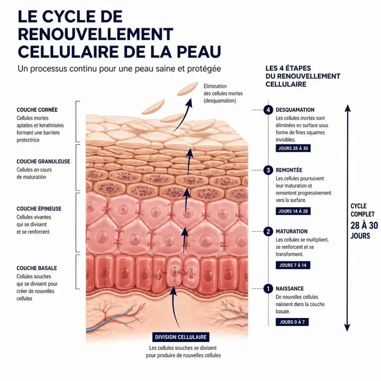 Schéma du cycle de renouvellement cellulaire et action du soin exfoliant visage.