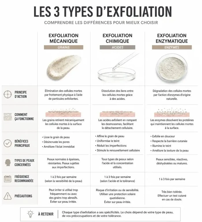 Tableau comparatif des méthodes de soin exfoliant visage : mécanique, chimique et enzymatique.