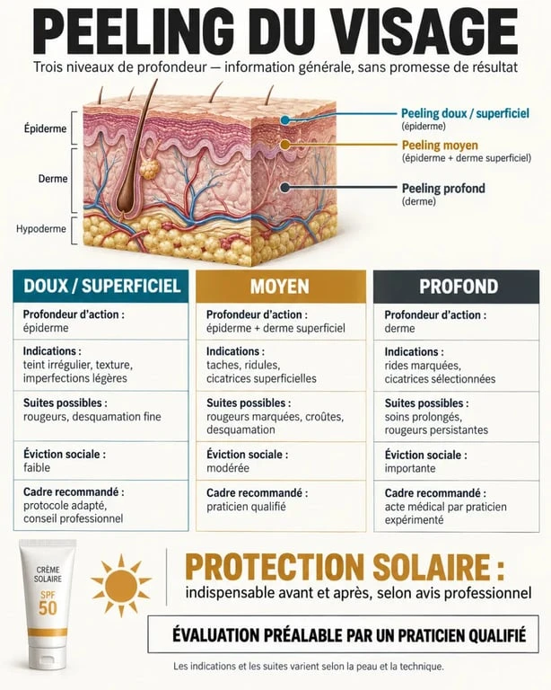 Infographie du soin peeling visage comparant les peelings doux, moyens et profonds