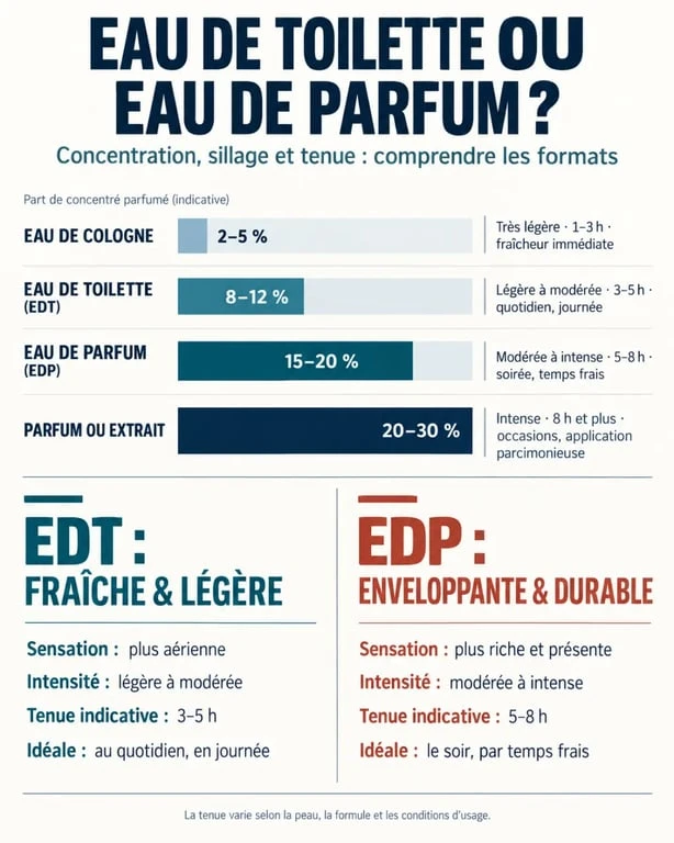 Infographie comparative eau de toilette ou eau de parfum selon la concentration, la tenue et l’intensité