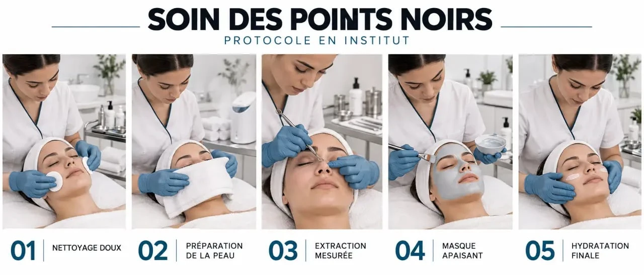 Étapes d’un soin visage point noir réalisé en institut