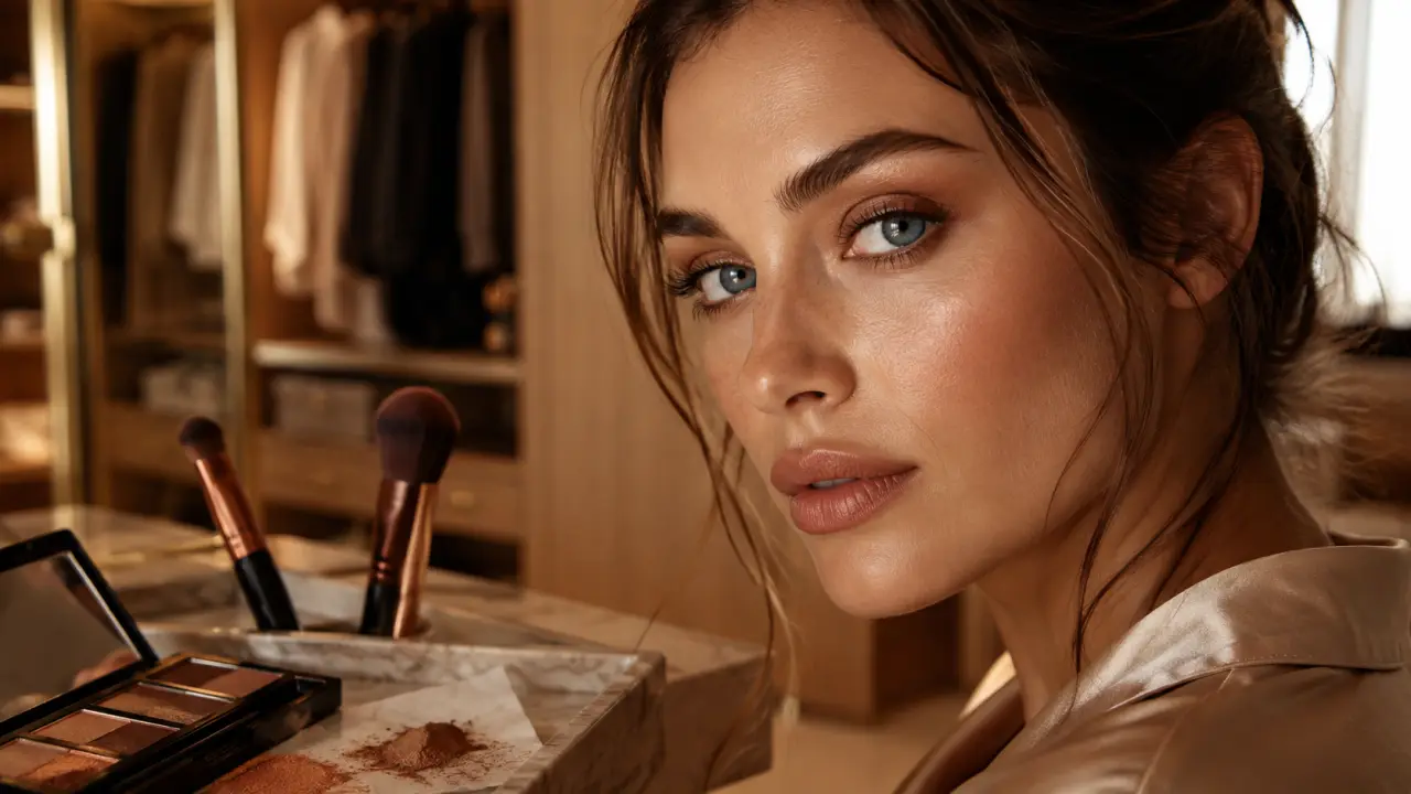 Maquillage naturel yeux bleus : cuivre doux et brun chaud, regards éclatants