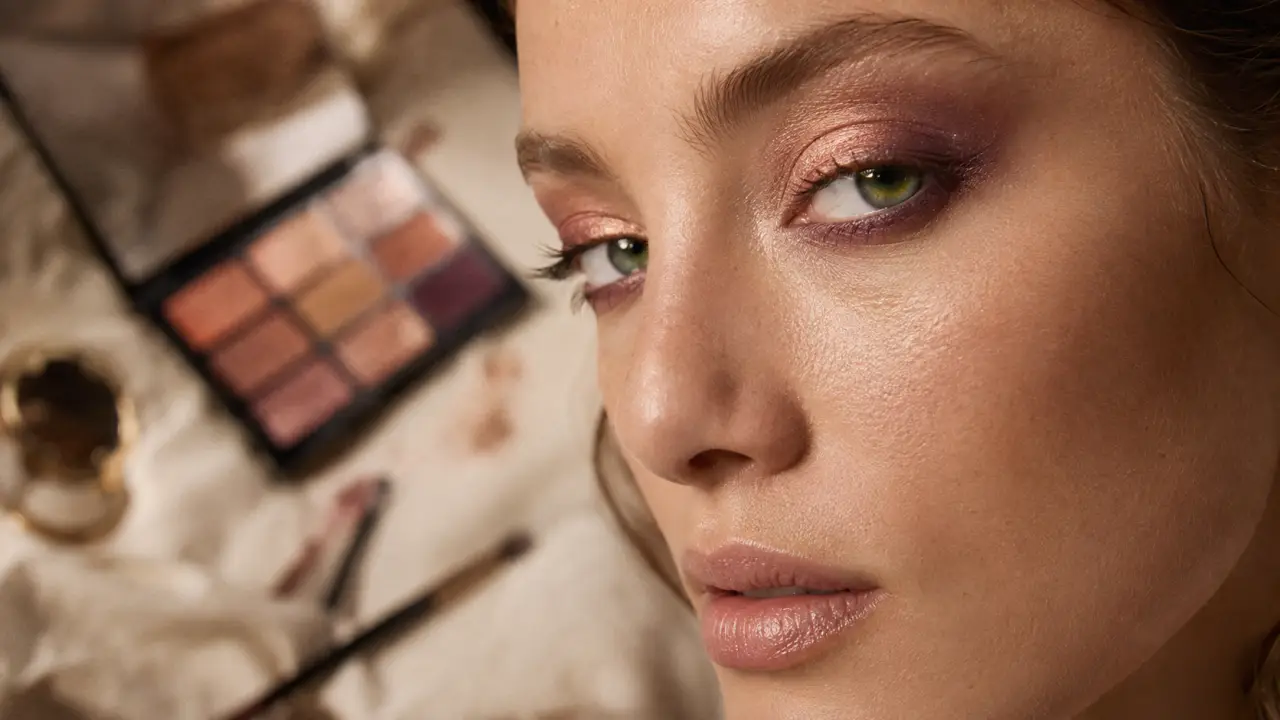 Maquillage naturel yeux vert : fards champagne, prune et cuivre sur œil vert