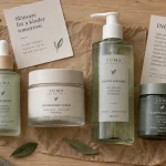 Soin visage vegan : routine de soins visage sur table en bois