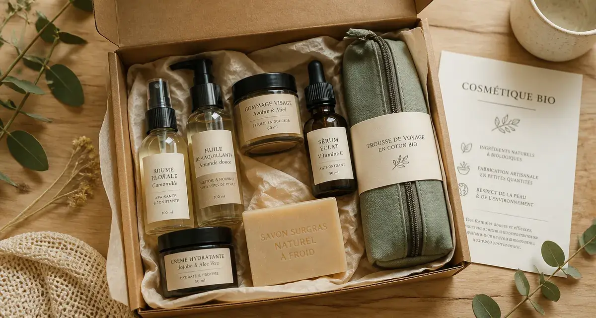 Coffret cosmétique bio ouvert, flacons et savon solide sur table bois clair