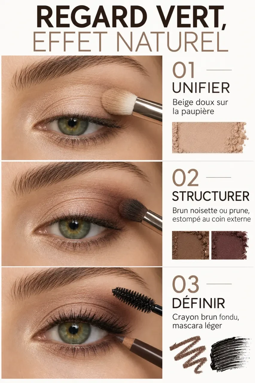 Étapes d’un maquillage des yeux verts naturel avec fard beige, prune et mascara brun
